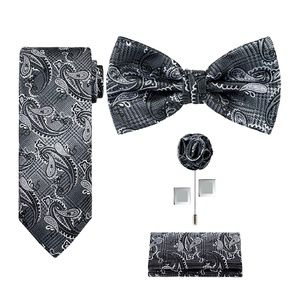 Mens 5pc Paisley Neck Tie Bow Lapel Cuff Links Set